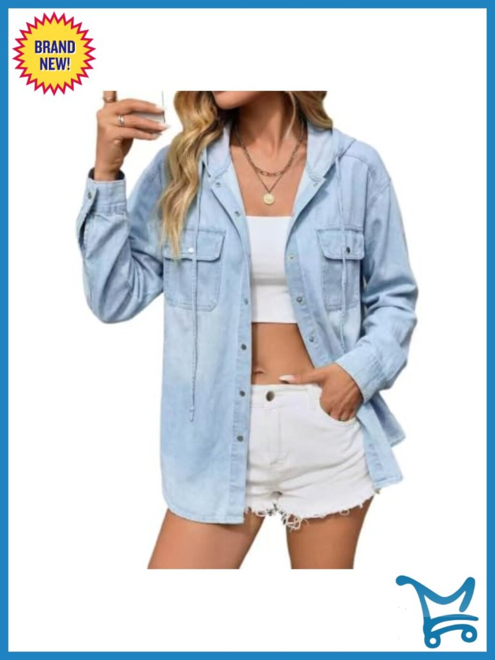 Women's 100% Cotton Denim Hooded Shacket Oversized Snap Button Blouse